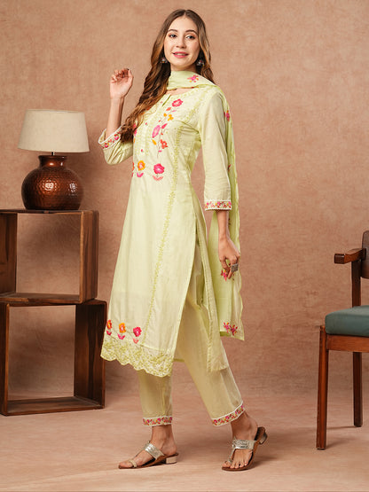 Solid Resham & Sequins Embroidered Kurta with Pants & Dupatta - Light Green