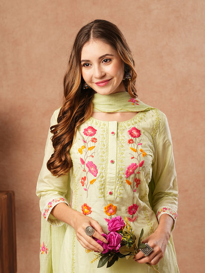 Solid Resham & Sequins Embroidered Kurta with Pants & Dupatta - Light Green