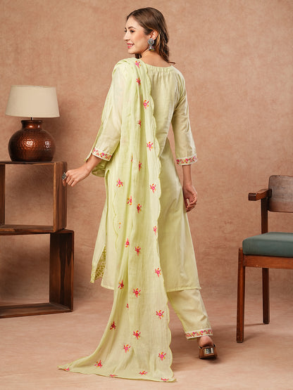 Solid Resham & Sequins Embroidered Kurta with Pants & Dupatta - Light Green