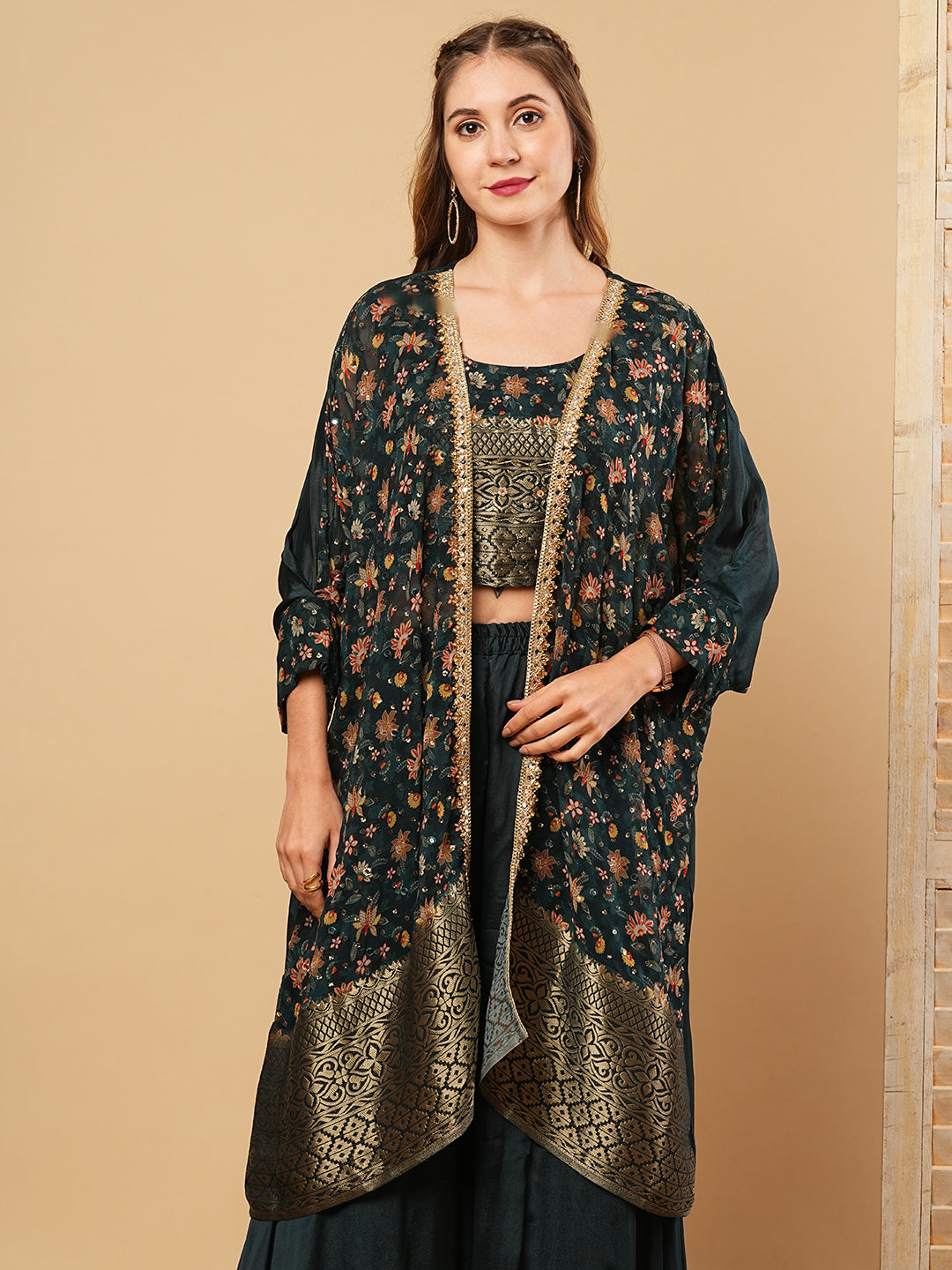 Ethnic Jacquard Embroidered Crop Top with Mirror Embroidered Jacket & Palazzo - Green
