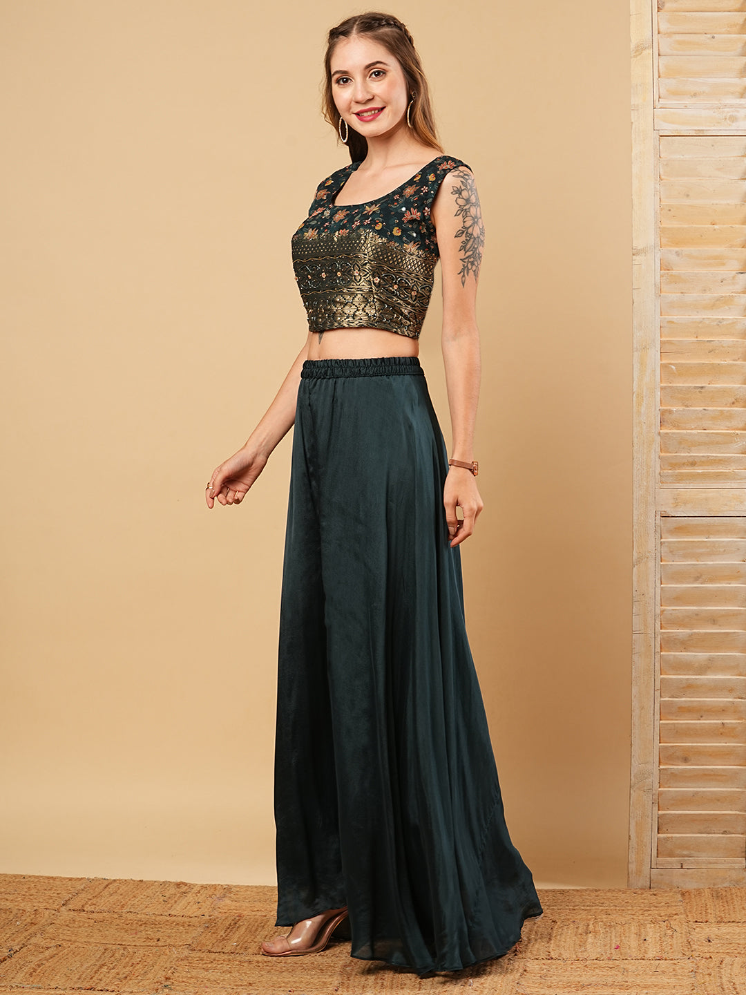 Ethnic Jacquard Embroidered Crop Top with Mirror Embroidered Jacket & Palazzo - Green