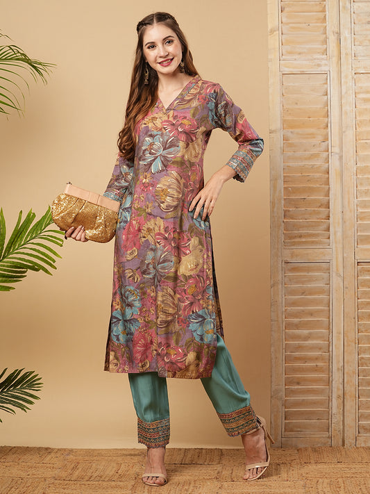 Floral Printed Zari & Sequins Embroidered Kurta with Pants - Multi
