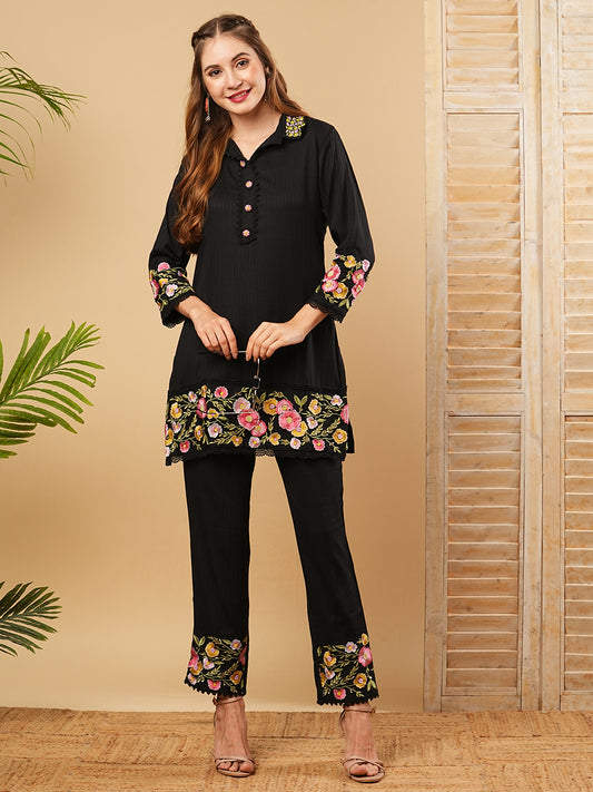 Woven Dobby Striped Resham & Beads Embroidered Kurta with Pants Co-ord Set - Black