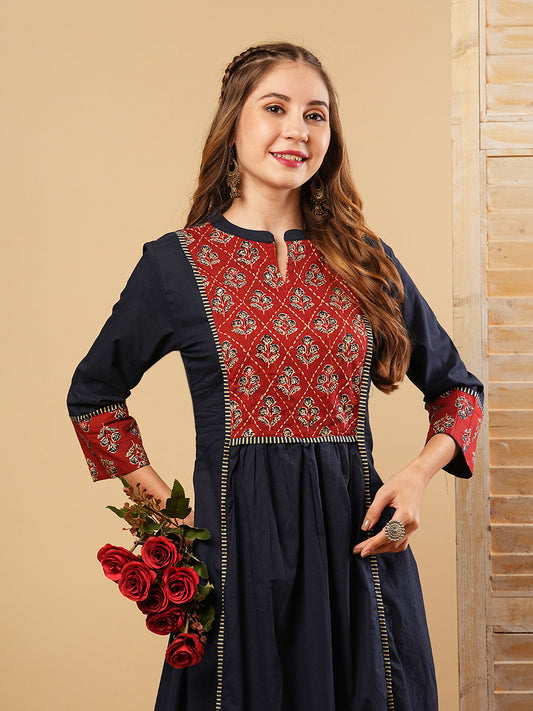 Solid Sequins Embellished A-line Pleated Kurta with Pants - Blue