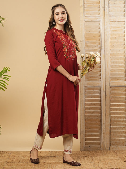 Woven Dobby Abstract Design Resham Embroidered Kurta with Pants - Maroon