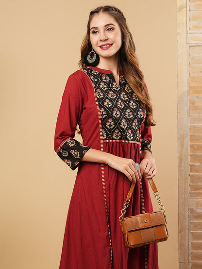 Solid Sequins Embellished A-line Pleated Kurta with Pants - Maroon