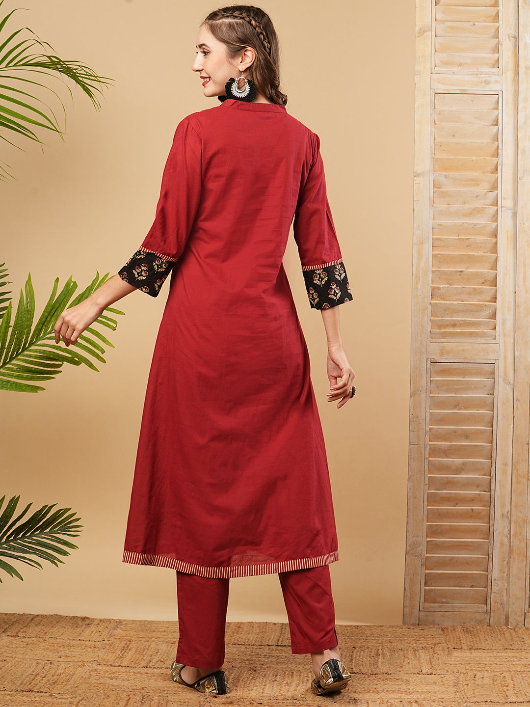 Solid Sequins Embellished A-line Pleated Kurta with Pants - Maroon