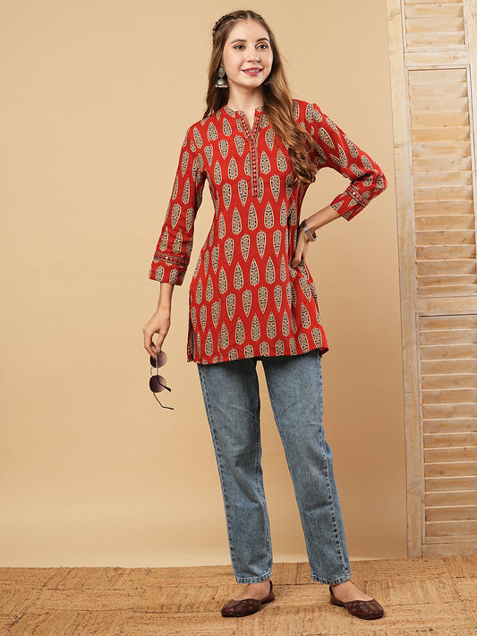 Ethnic Printed & Mirror Embroidered Straight Fit Kurti - Rust