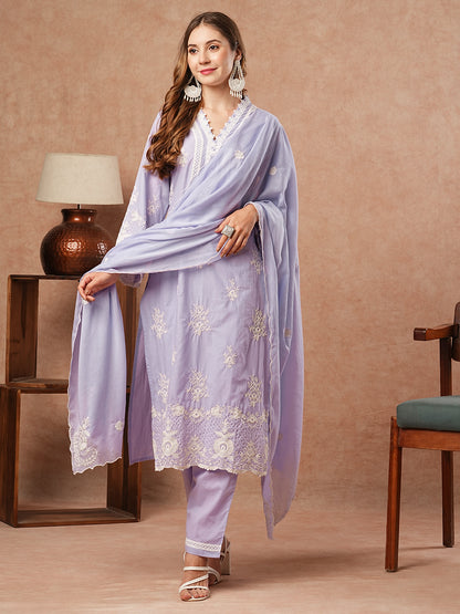 Solid Resham Embroidered Kurta with Pants & Embroidered Dupatta - Lavender