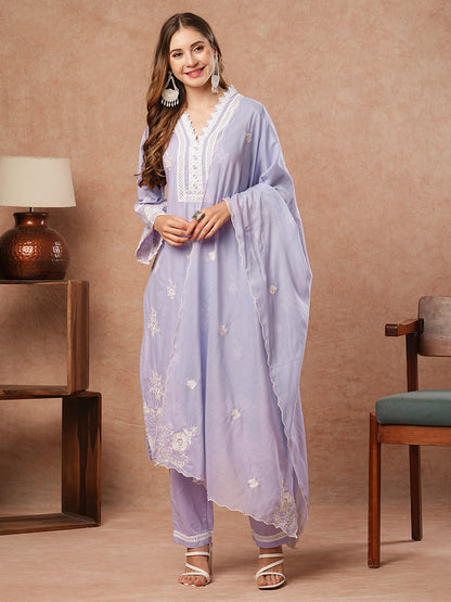 Solid Resham Embroidered Kurta with Pants & Embroidered Dupatta - Lavender