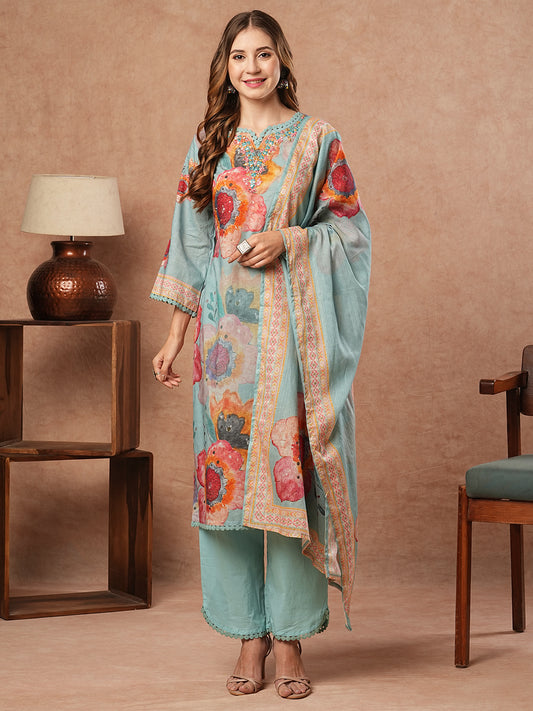 Floral Printed Mirror, Sequins & Resham Embroidered Kurta with Pants & Dupatta - Blue