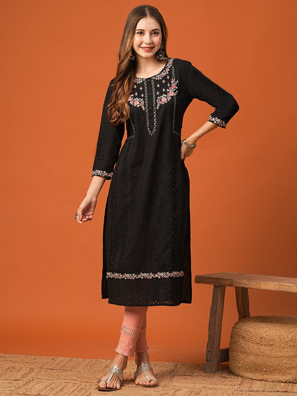 Solid Resham, Sequins & Schiffili Embroidered Kurta - Black