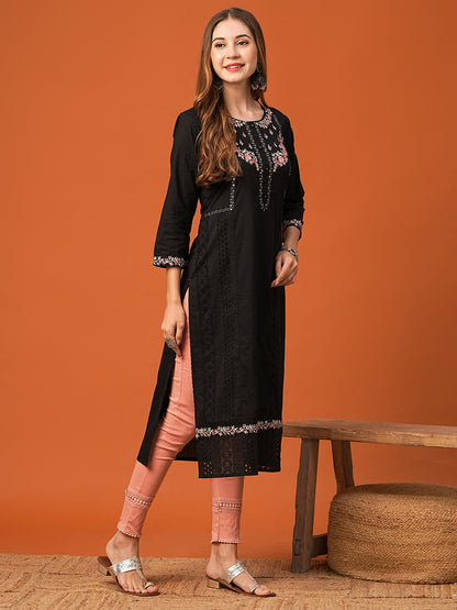 Solid Resham, Sequins & Schiffili Embroidered Kurta - Black