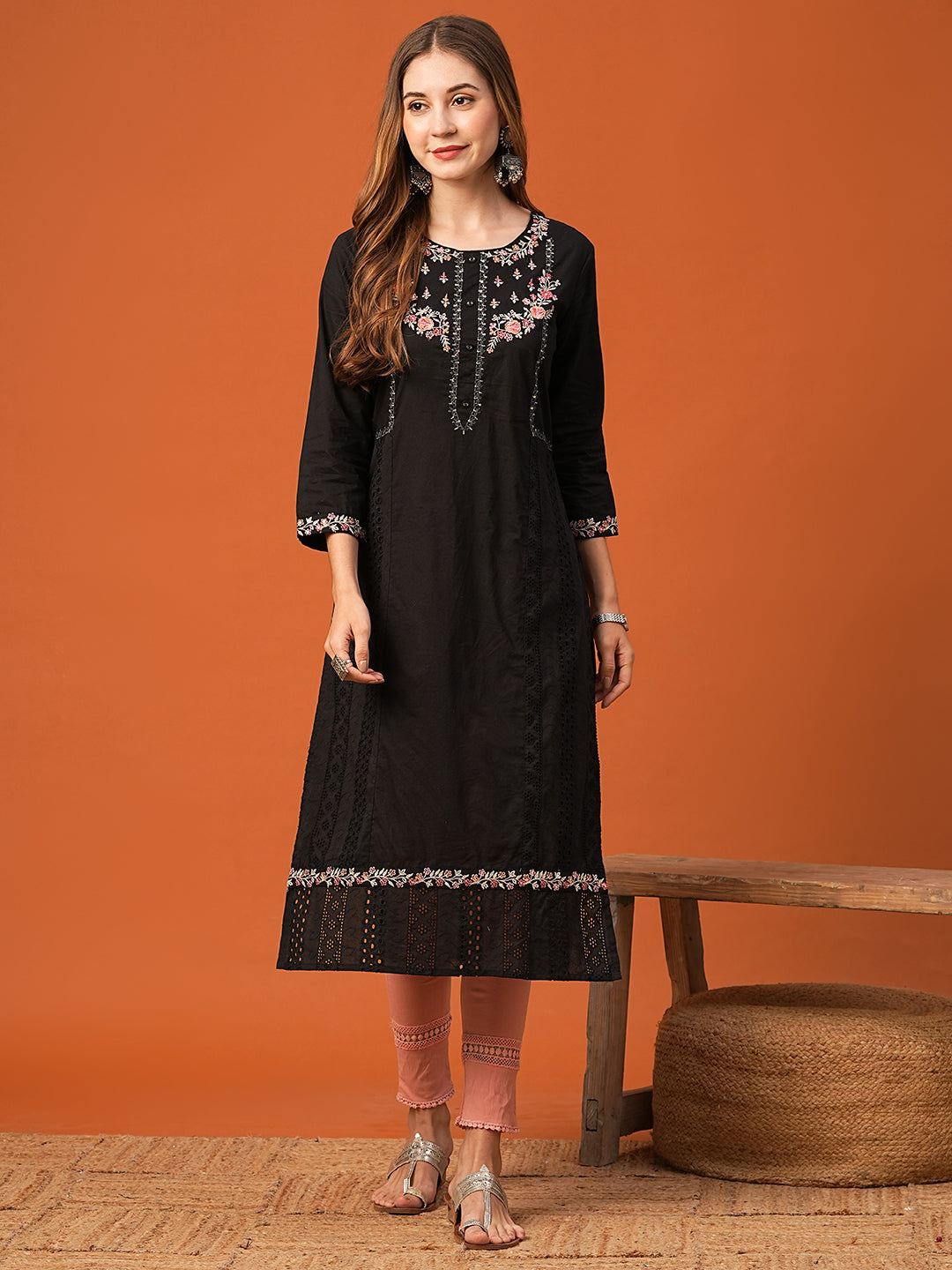 Solid Resham, Sequins & Schiffili Embroidered Kurta - Black