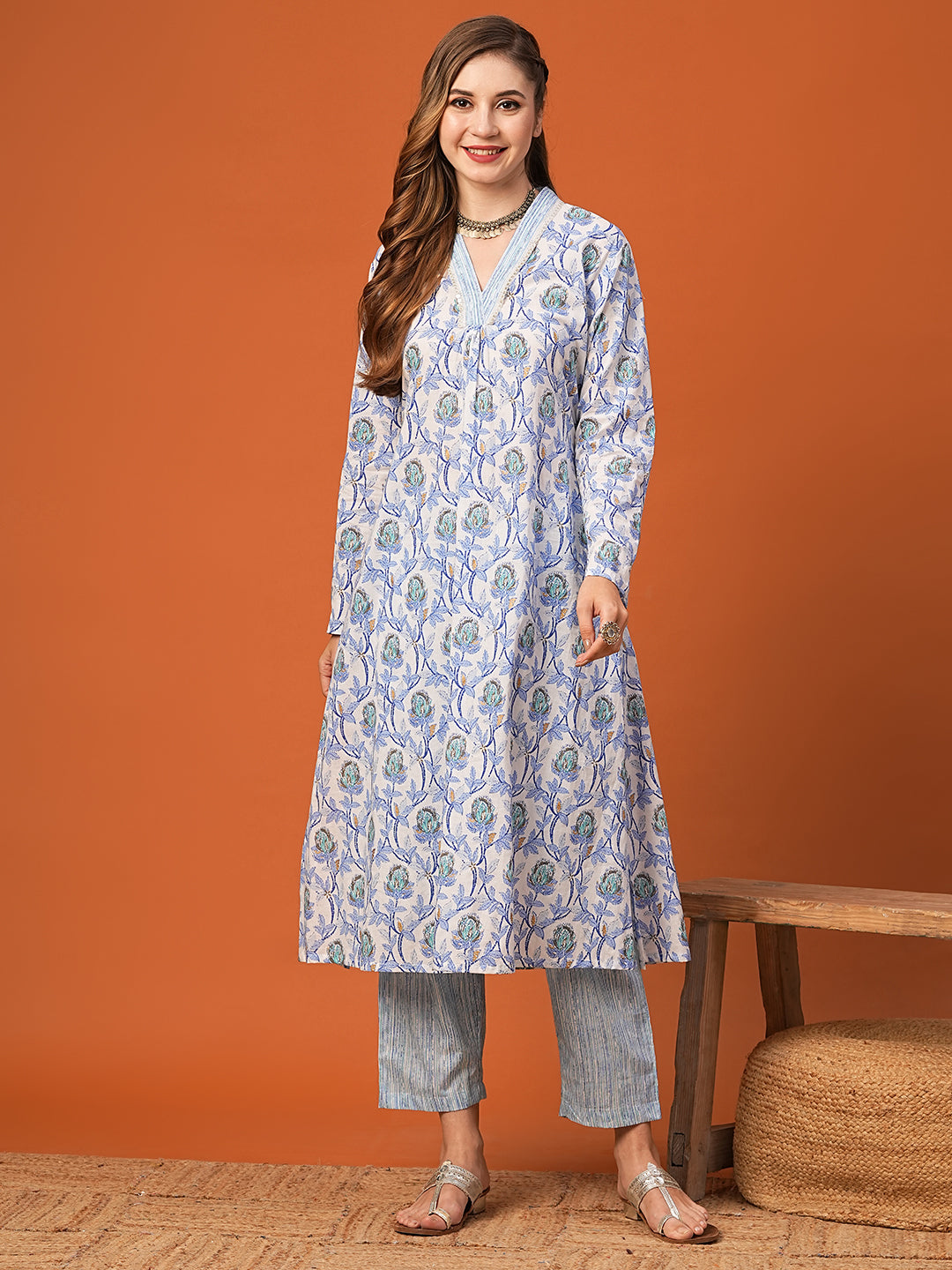 Ethnic Floral Printed A-Line Kurta with Striped Pant - Blue