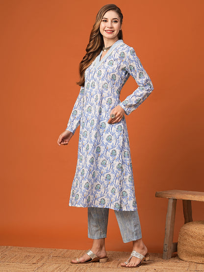 Ethnic Floral Printed A-Line Kurta with Striped Pant - Blue