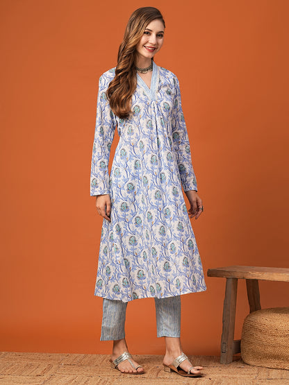 Ethnic Floral Printed A-Line Kurta with Striped Pant - Blue