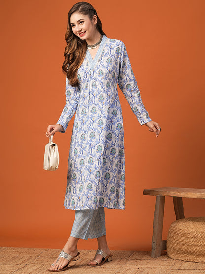 Ethnic Floral Printed A-Line Kurta with Striped Pant - Blue