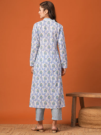 Ethnic Floral Printed A-Line Kurta with Striped Pant - Blue