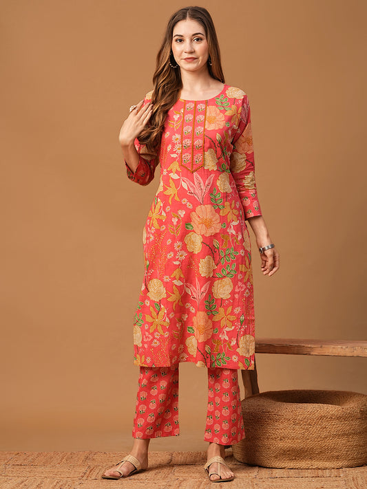 Ethnic Floral Printed & Sequin Highlighted Straight Kurta with Pant - Pink