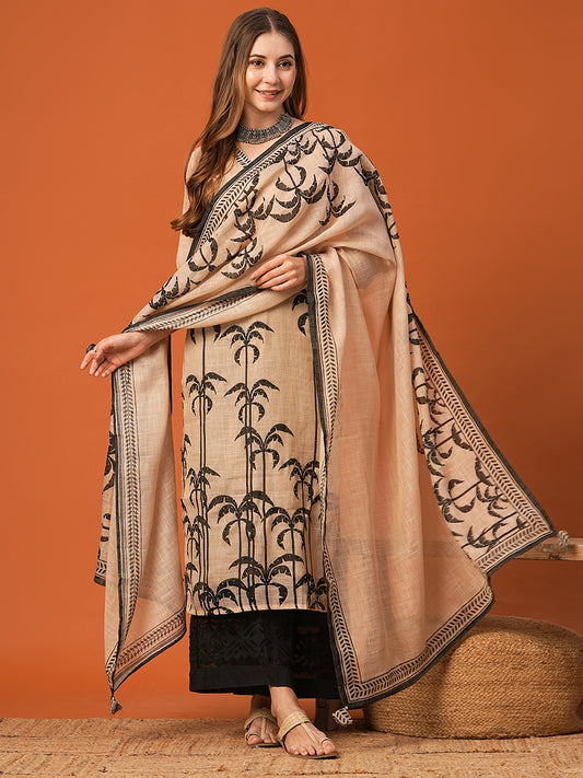 Ethnic Floral Printed & Embroidered Straight Kurta with Dupatta - Beige
