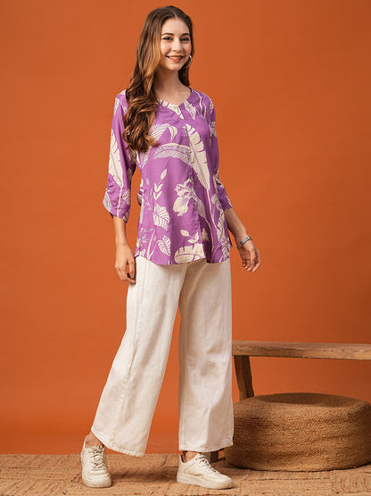 Abstract Floral Printed Straight Fit Kurti - Purple