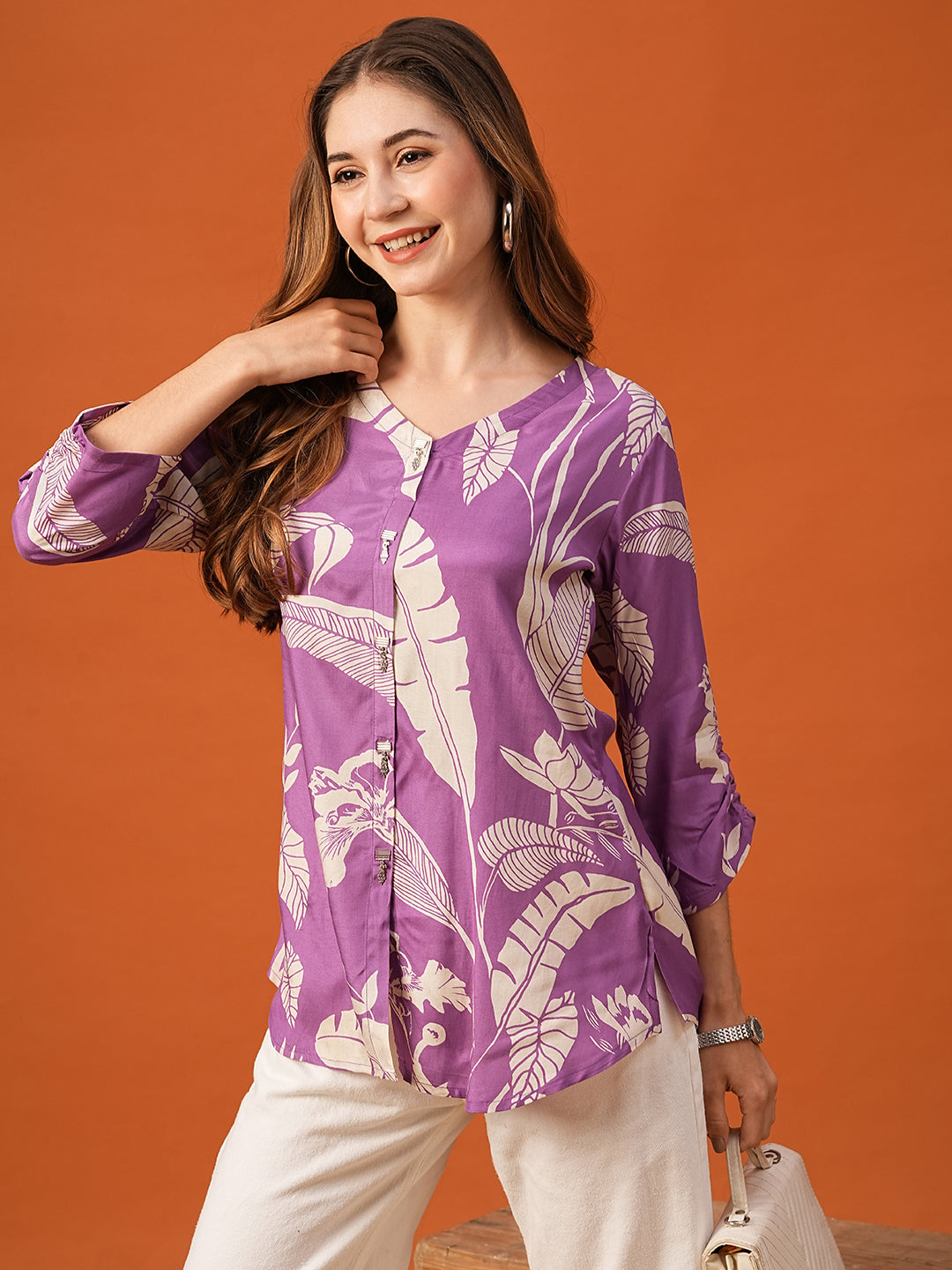 Abstract Floral Printed Straight Fit Kurti - Purple