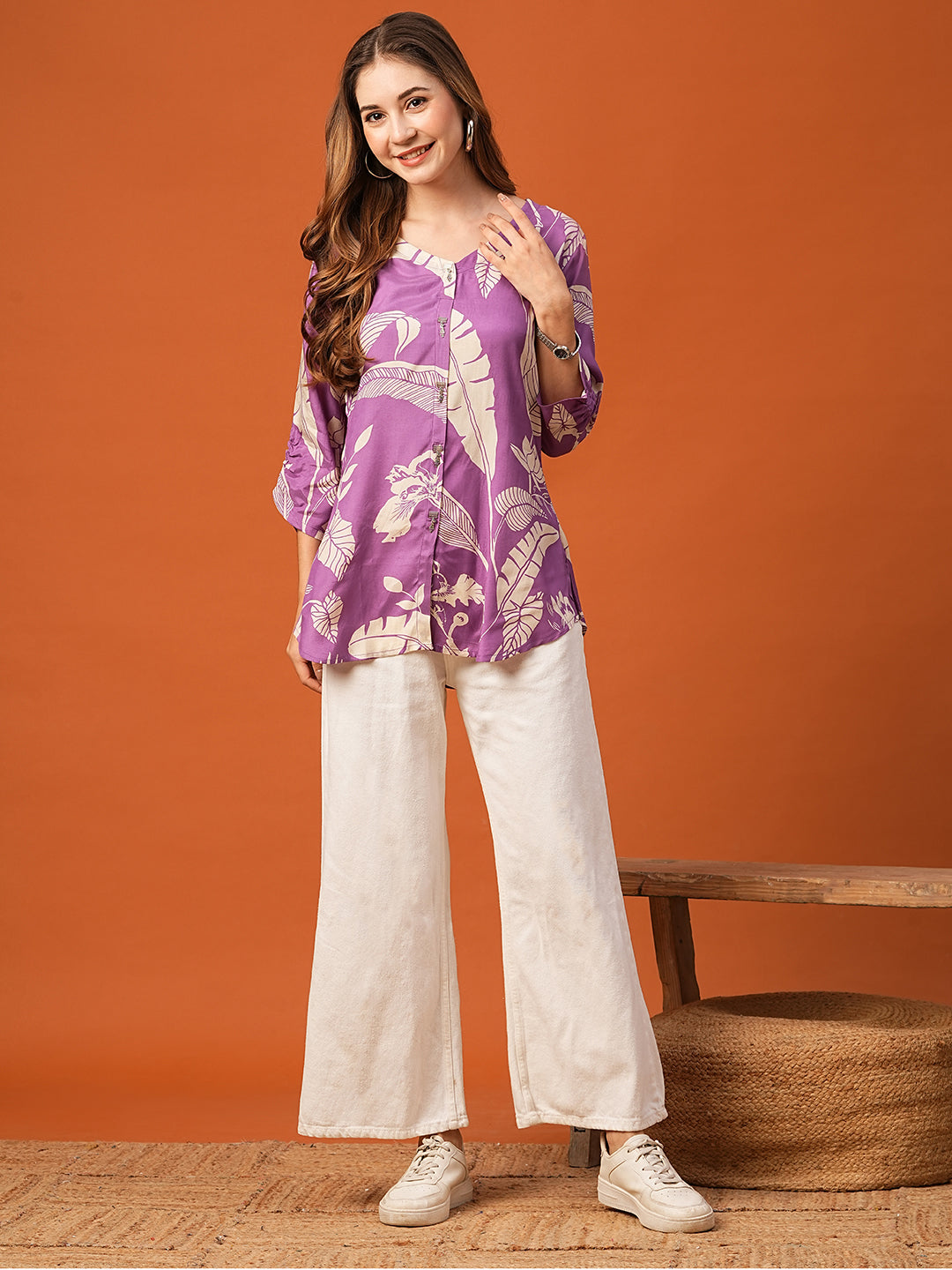 Abstract Floral Printed Straight Fit Kurti - Purple