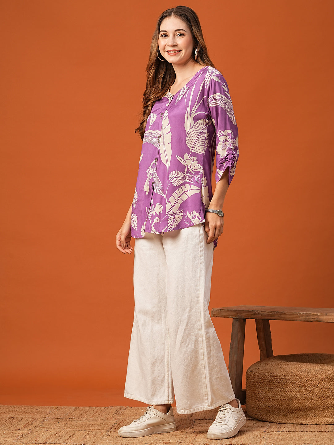 Abstract Floral Printed Straight Fit Kurti - Purple