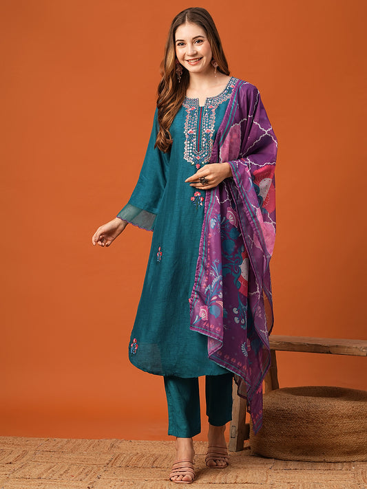 Solid Mirror & Resham Embroidered Kurta with Pants & Dupatta - Teal Blue