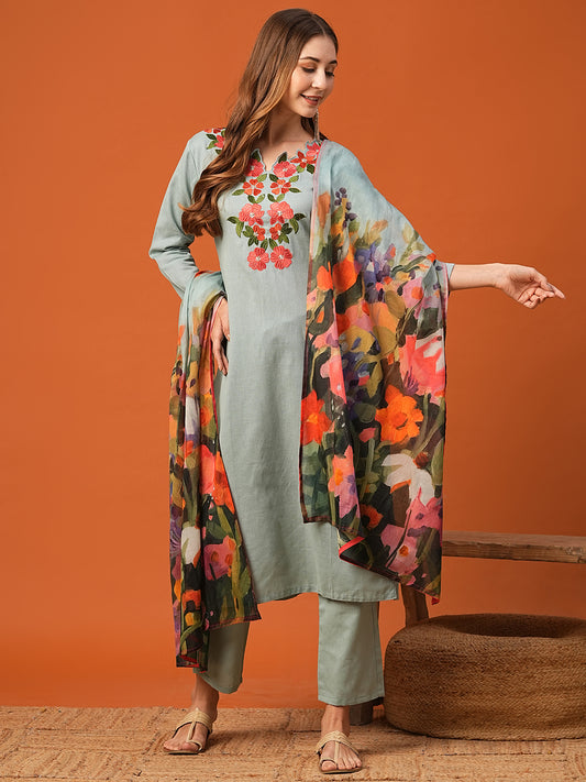 Cutwork Floral Embroidered Kurta with Pant & Pure Cotton Floral Dupatta - Powder Blue