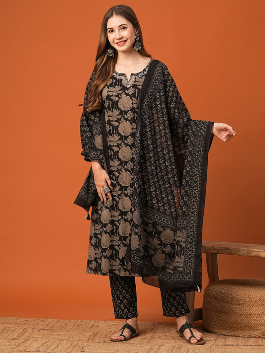 Floral Printed Resham & Zari Embroidered Kurta with Pants & Dupatta - Black