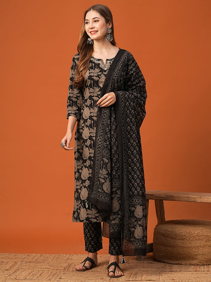 Floral Printed Resham & Zari Embroidered Kurta with Pants & Dupatta - Black