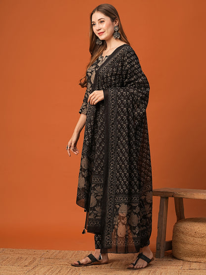 Floral Printed Resham & Zari Embroidered Kurta with Pants & Dupatta - Black