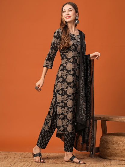 Floral Printed Resham & Zari Embroidered Kurta with Pants & Dupatta - Black