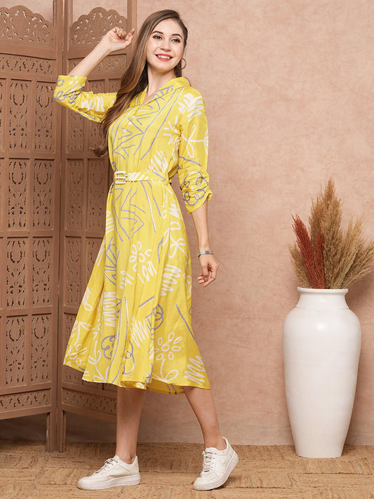 Abstract Geometric Printed A-Line Midi Dress & with a Belt- Yellow