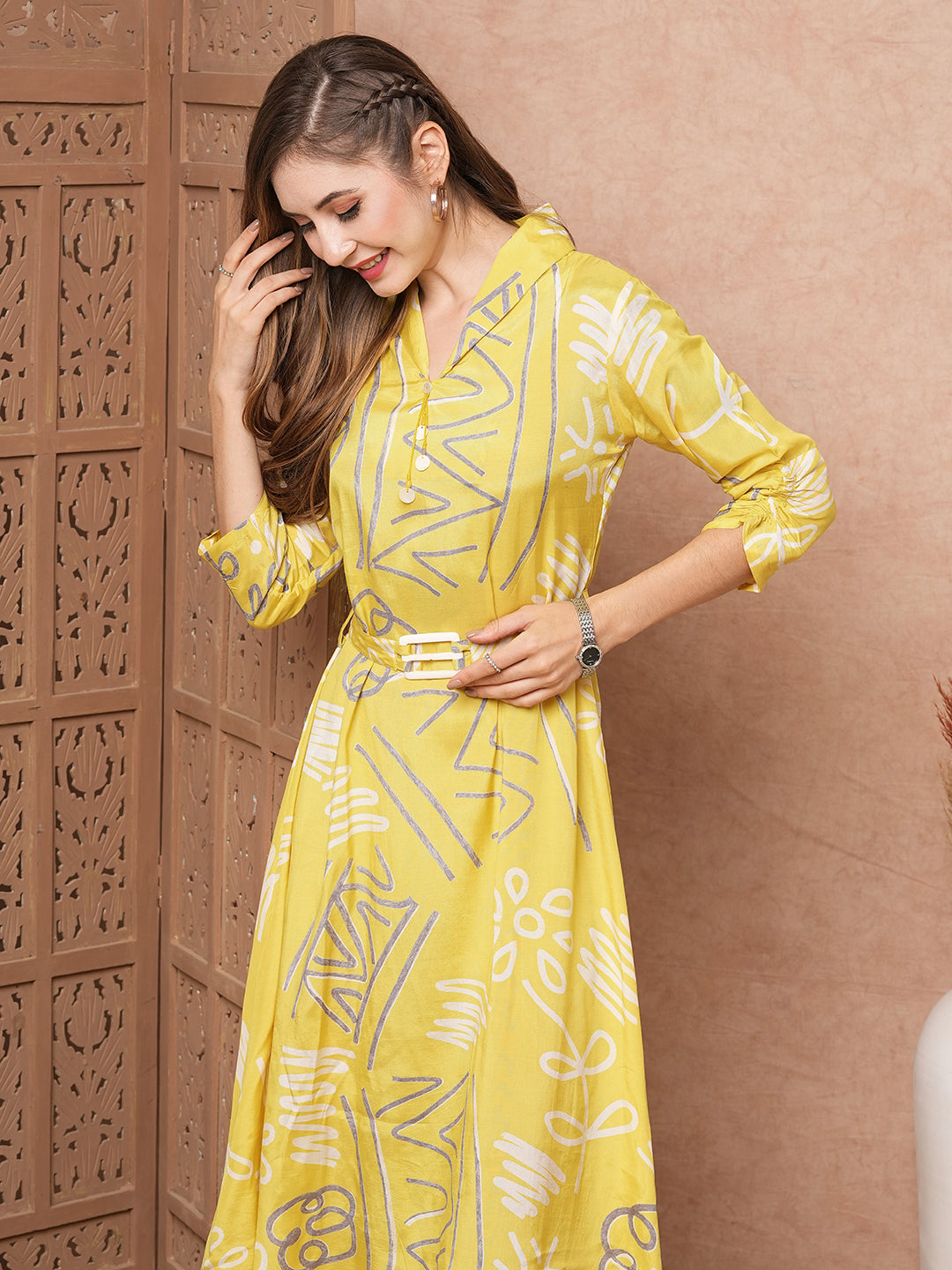 Abstract Geometric Printed A-Line Midi Dress & with a Belt- Yellow