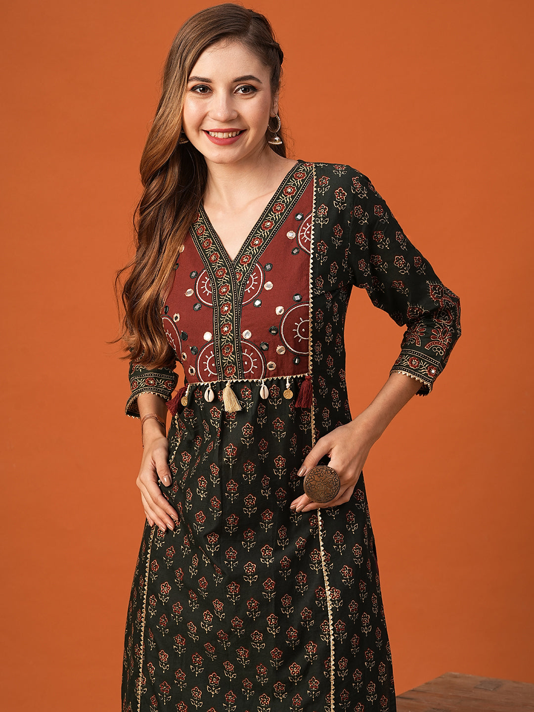 Ethnic Floral Printed & Embroidered Straight Fit Kurta - Green