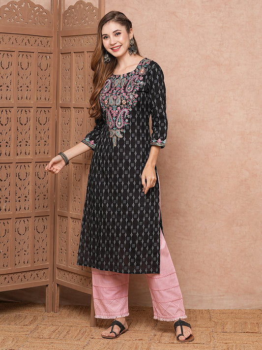 Ethnic Woven & Floral Embroidered Straight Fit Kurta - Black