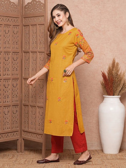 Floral Hand Sequin Embroidered Straight Fit Kurta - Mustard