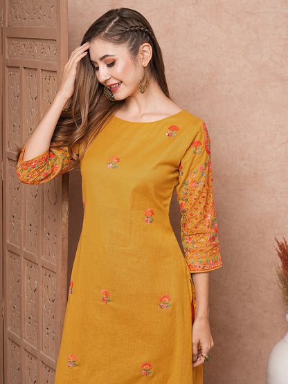 Floral Hand Sequin Embroidered Straight Fit Kurta - Mustard