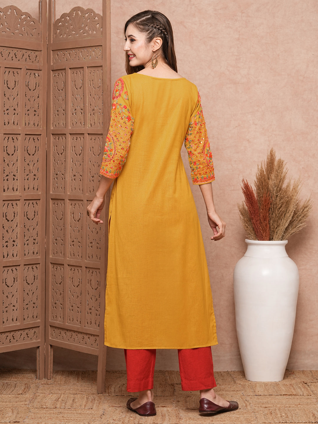 Floral Hand Sequin Embroidered Straight Fit Kurta - Mustard