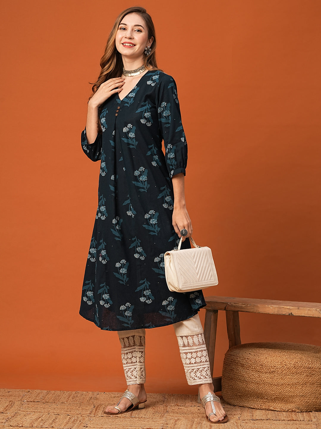 Floral Printed Wooden Buttoned Pleated Kurta - Blue