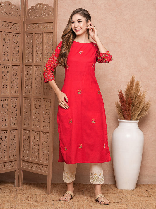 Floral Hand Sequin Embroidered Straight Fit Kurta - Red