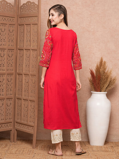 Floral Hand Sequin Embroidered Straight Fit Kurta - Red