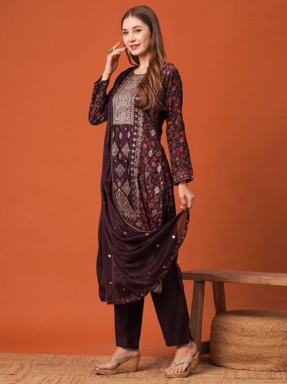 Floral Printed Woven Zari Jacquard Mirror Embroidered Kurta with Pants & Dupatta - Burgundy