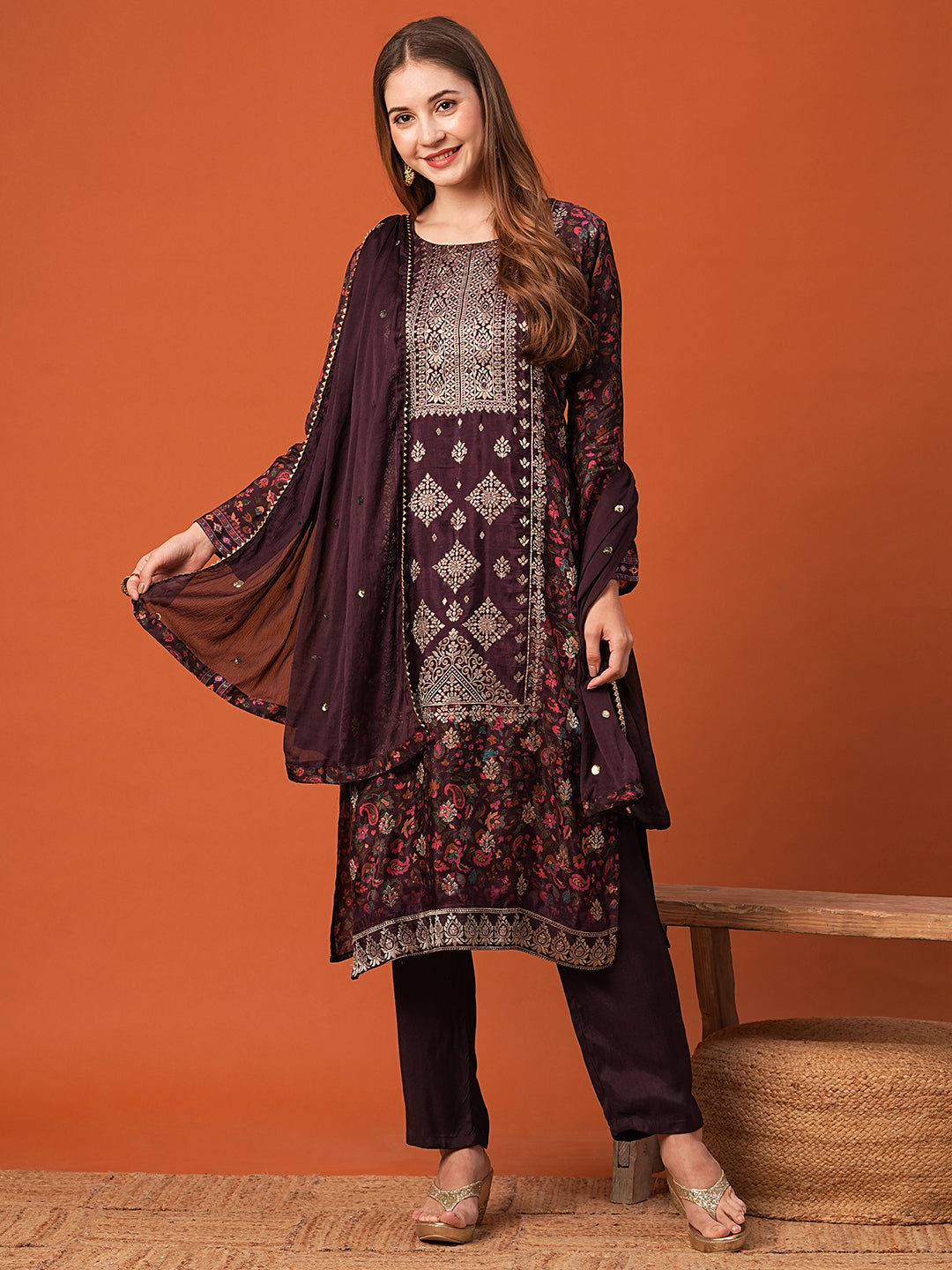 Floral Printed Woven Zari Jacquard Mirror Embroidered Kurta with Pants & Dupatta - Burgundy