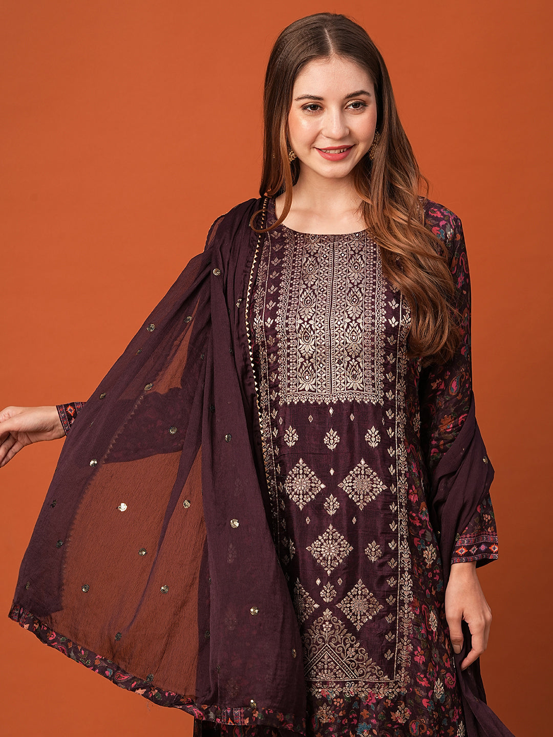 Floral Printed Woven Zari Jacquard Mirror Embroidered Kurta with Pants & Dupatta - Burgundy