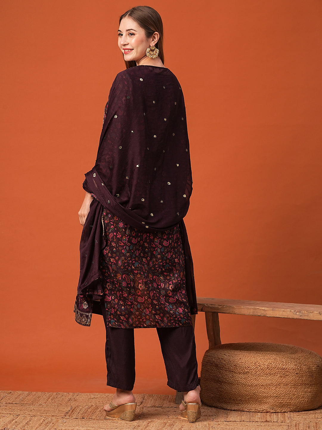 Floral Printed Woven Zari Jacquard Mirror Embroidered Kurta with Pants & Dupatta - Burgundy