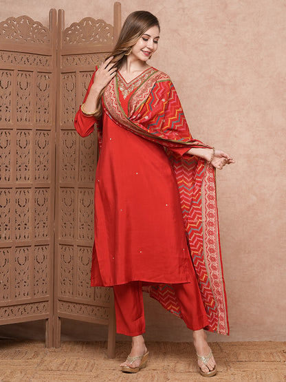 Solid Mirror, Gotapatti & Zari Embroidered Kurta with Pants & Dupatta - Red